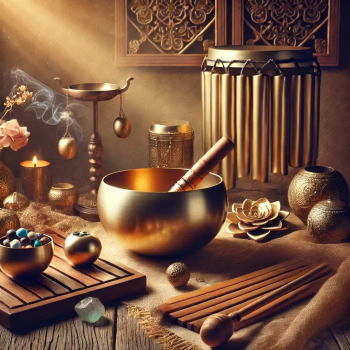 DALL·E 2025-02-20 15.42.50 - A serene and spiritual composition featuring Tibetan singing bowls in the foreground, with Koshi chimes and rattles in the background. The setting is